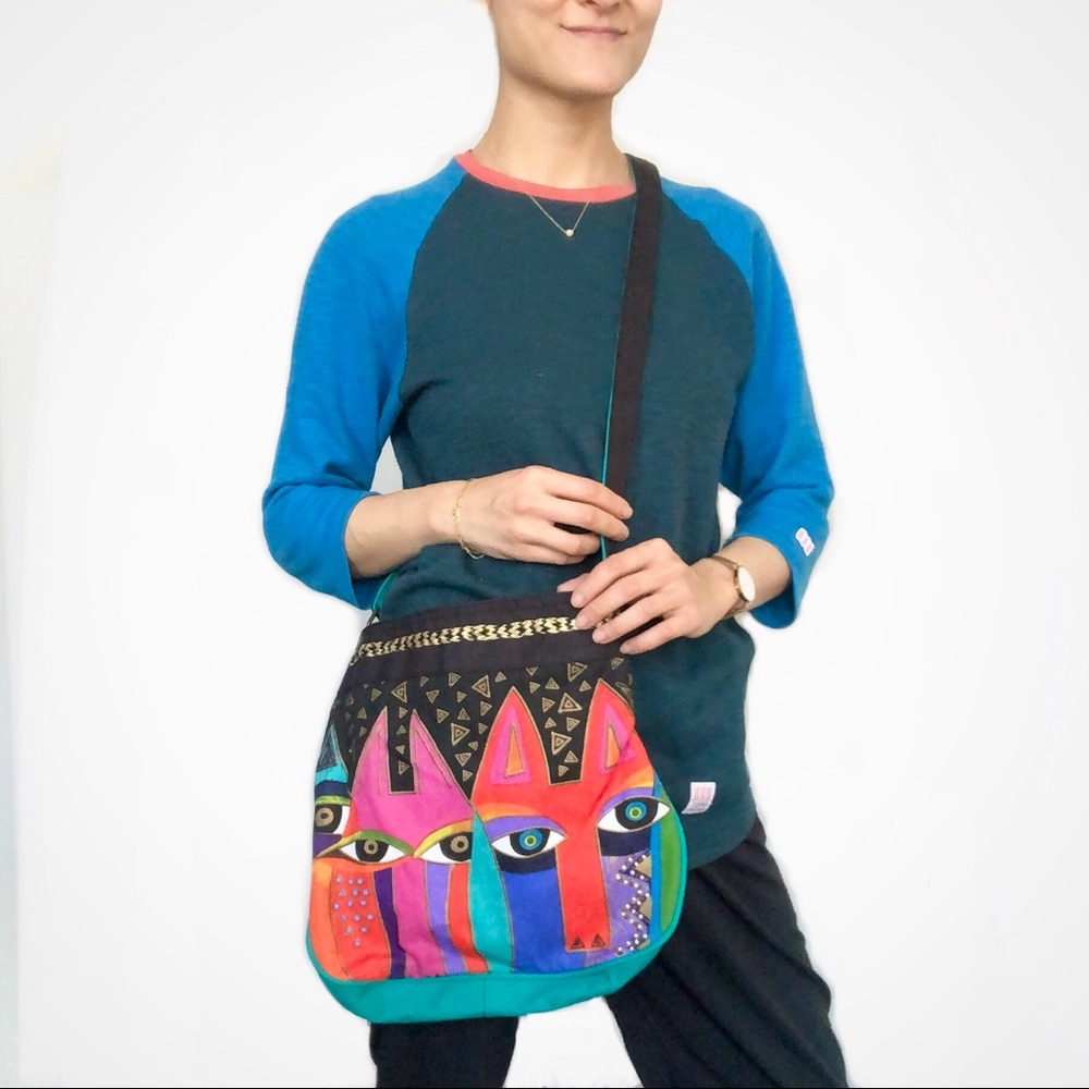 Laurel Burch painted + beaded cat crossbody bag